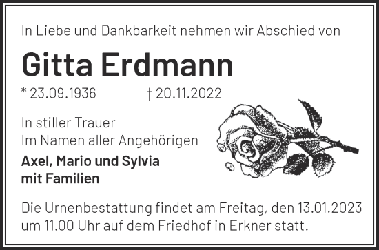 Traueranzeige von Gitta Erdmann von Märkische Oderzeitung