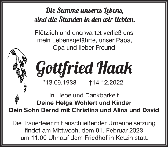 Traueranzeige von Gottfried Haak von Märkische Oderzeitung