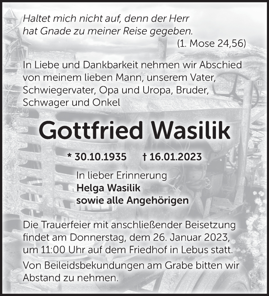  Traueranzeige für Gottfried Wasilik vom 21.01.2023 aus Märkische Oderzeitung