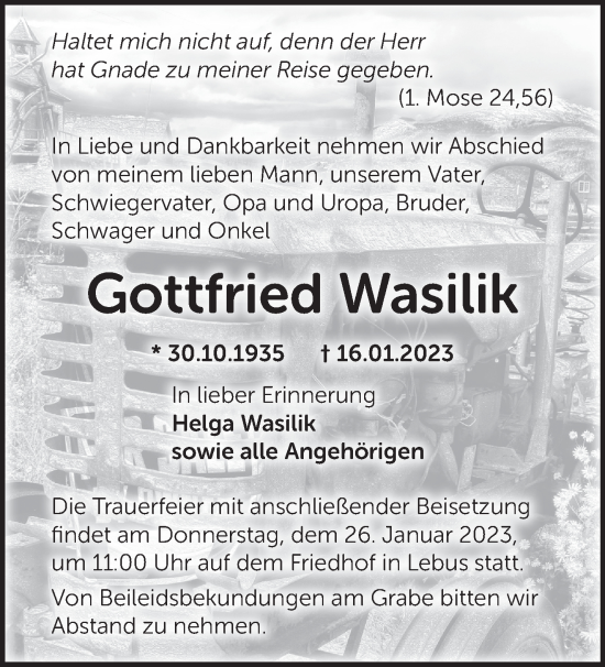 Traueranzeige von Gottfried Wasilik von Märkische Oderzeitung