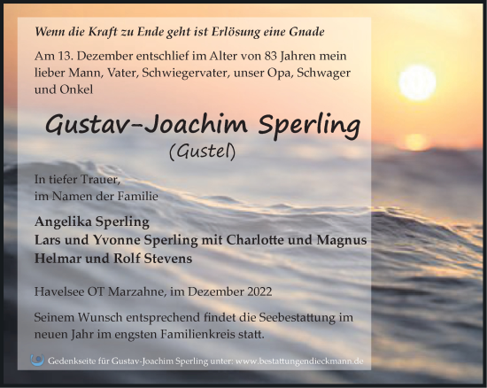 Traueranzeige von Gustav-Joachim Sperling von Märkische Oderzeitung