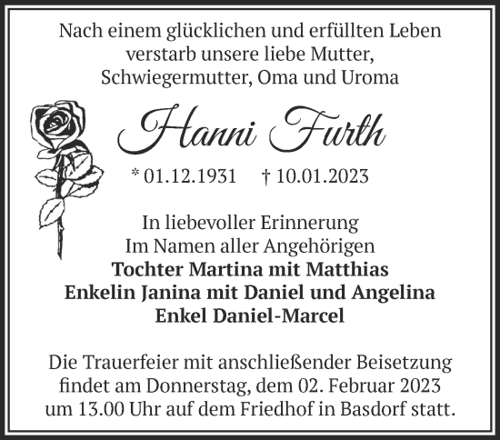 Traueranzeige von Hanni Furth von Märkische Oderzeitung