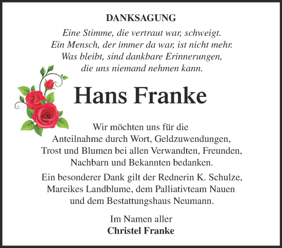 Traueranzeige von Hans Franke von Märkische Oderzeitung