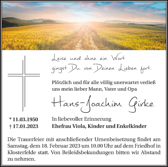Traueranzeige von Hans-Joachim Girke von Märkische Oderzeitung
