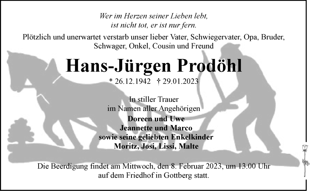  Traueranzeige für Hans-Jürgen Prodöhl vom 31.01.2023 aus Märkische Oderzeitung