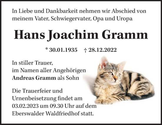 Traueranzeige von Hans Joachim Gramm von Märkische Oderzeitung