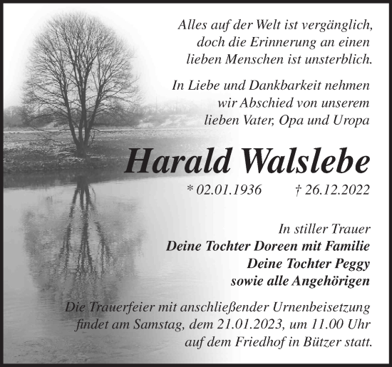 Traueranzeige von Harald Walslebe von Märkische Oderzeitung