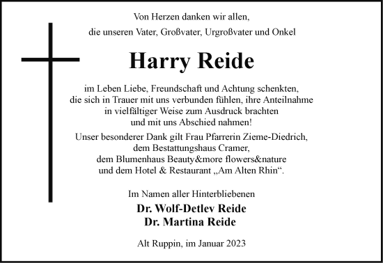 Traueranzeige von Harry Reide von Märkische Oderzeitung