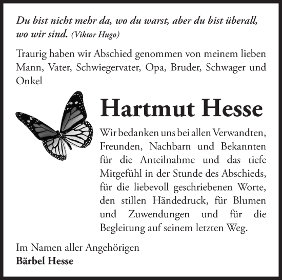 Traueranzeige von Hartmut Hesse von Märkische Oderzeitung