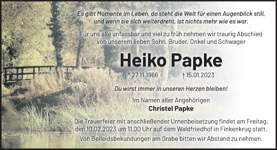 Traueranzeige von Heiko Papke von Märkische Oderzeitung