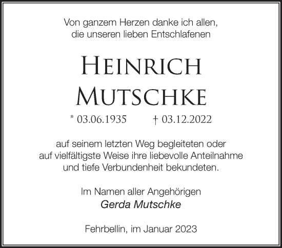 Traueranzeige von Heinrich Mutschke von Märkische Oderzeitung