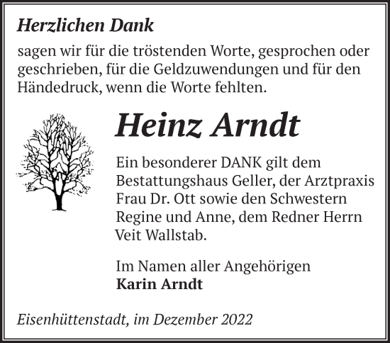 Traueranzeige von Heinz Arndt von Märkische Oderzeitung