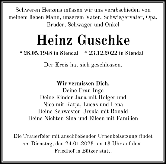 Traueranzeige von Heinz Guschke von Märkische Oderzeitung