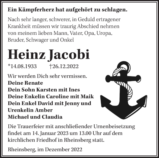 Traueranzeige von Heinz Jacobi von Märkische Oderzeitung