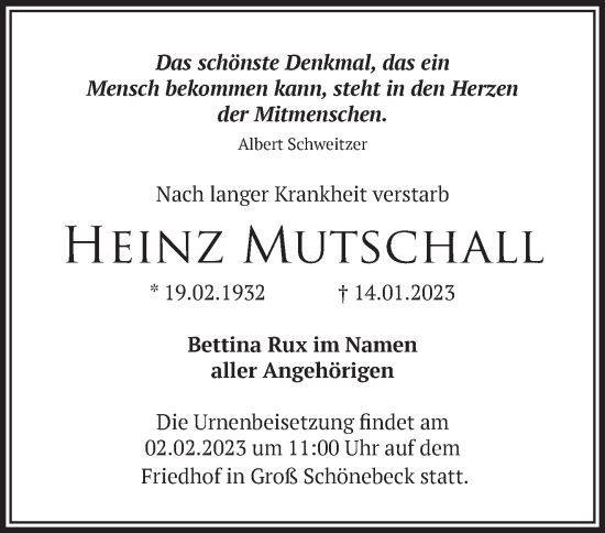 Traueranzeige von Heinz Mutschall von Märkische Oderzeitung