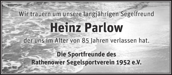 Traueranzeige von Heinz Parlow von Märkische Oderzeitung