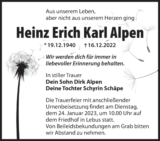 Traueranzeige von Heinz Erich Karl Alpen von Märkische Oderzeitung