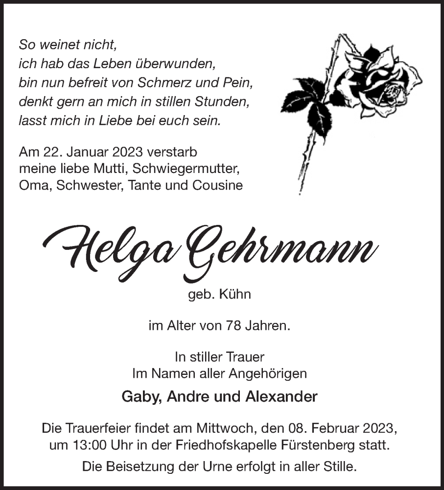 Traueranzeige für Helga Gehrmann vom 25.01.2023 aus Märkische Oderzeitung