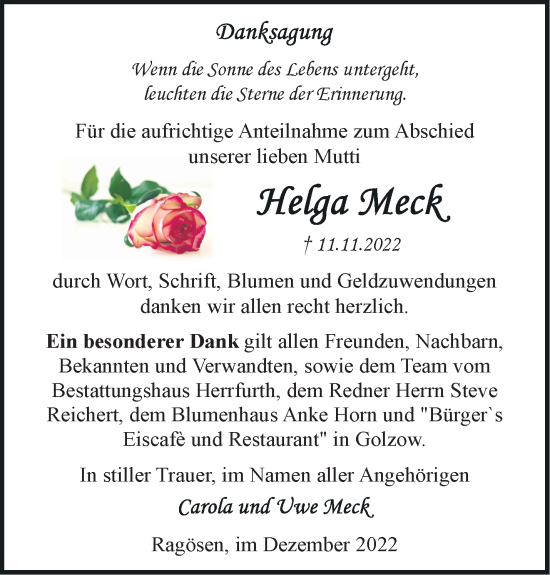 Traueranzeige von Helga Meck von Märkische Oderzeitung