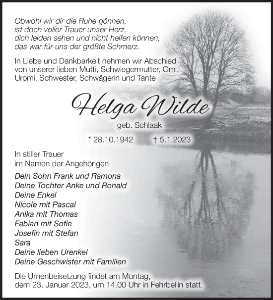 Traueranzeige von Helga Wilde von Märkische Oderzeitung