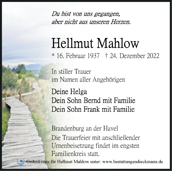 Traueranzeige von Hellmut Mahlow von Märkische Oderzeitung