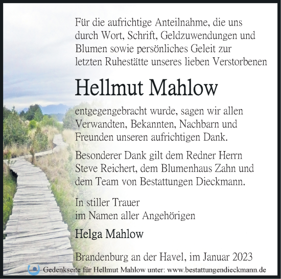 Traueranzeige von Hellmut Mahlow von Märkische Oderzeitung