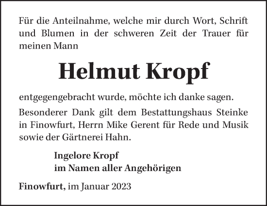 Traueranzeige von Helmut Kropf von Märkische Oderzeitung