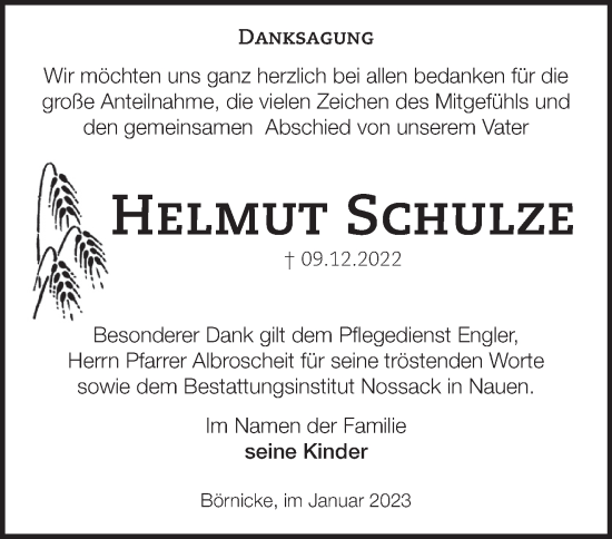 Traueranzeige von Helmut Schulze von Märkische Oderzeitung