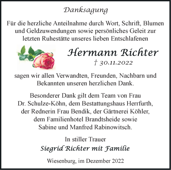 Traueranzeige von Hermann Richter von Märkische Oderzeitung