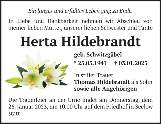 Traueranzeige von Herta Hildebrandt von Märkische Oderzeitung