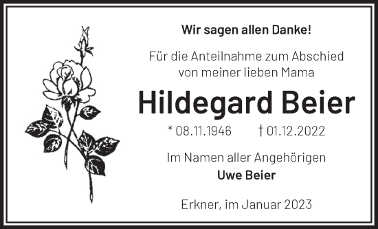 Traueranzeige von Hildegard Beier von Märkische Oderzeitung