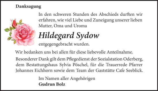 Traueranzeige von Hildegard Sydow von Märkische Oderzeitung