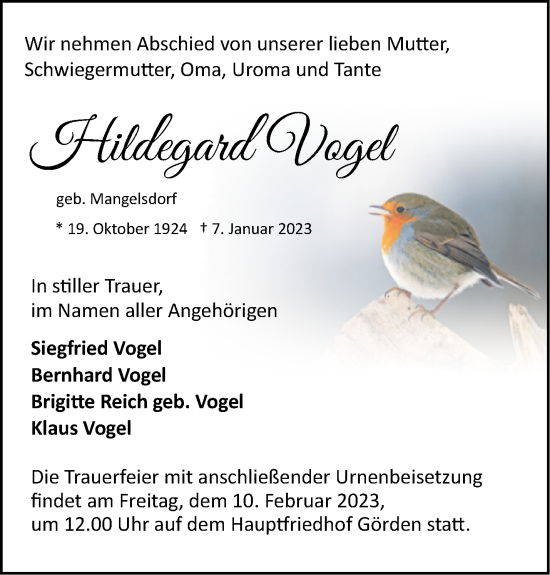 Traueranzeige von Hildegard Vogel von Märkische Oderzeitung