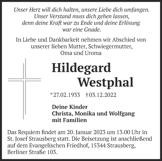 Traueranzeige von Hildegard Westphal von Märkische Oderzeitung