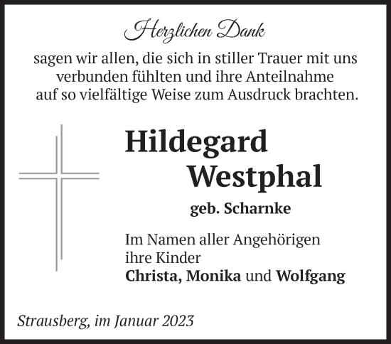 Traueranzeige von Hildegard Westphal von Märkische Oderzeitung