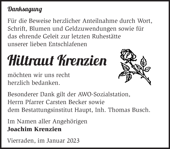 Traueranzeige von Hiltraut Krenzien von Märkische Oderzeitung