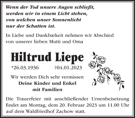 Traueranzeige von Hiltrud Liepe von Märkische Oderzeitung