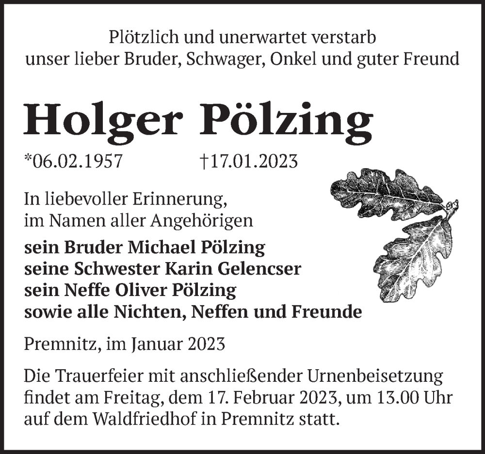  Traueranzeige für Holger Pölzing vom 29.01.2023 aus Märkische Oderzeitung