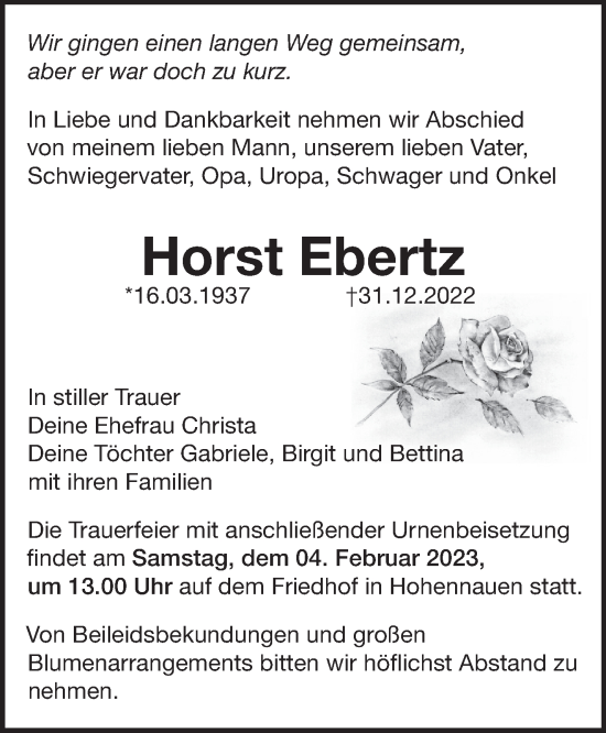 Traueranzeige von Horst Ebertz von Märkische Oderzeitung