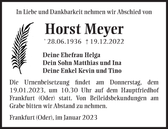 Traueranzeige von Horst Meyer von Märkische Oderzeitung