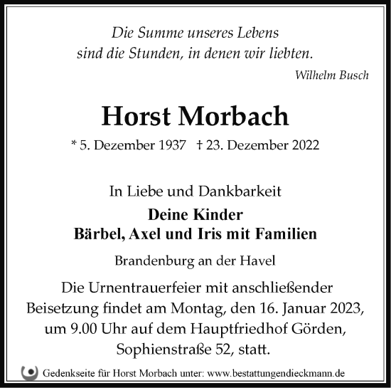 Traueranzeige von Horst Morbach von Märkische Oderzeitung