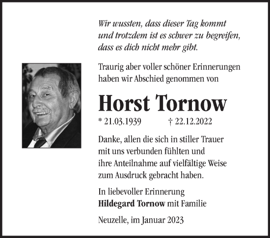 Traueranzeige von Horst Tornow von Märkische Oderzeitung