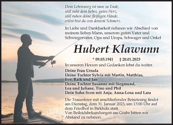 Anzeige Hubert Klawunn