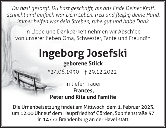 Traueranzeige von Ingeborg Josefski von Märkische Oderzeitung