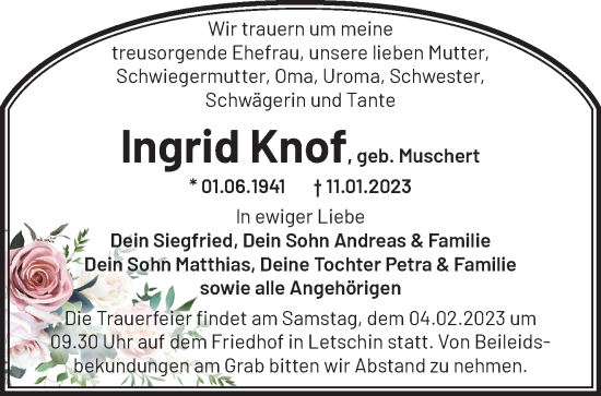 Traueranzeige von Ingrid Knof von Märkische Oderzeitung