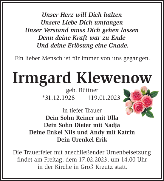 Traueranzeige von Irmgard Klewenow von Märkische Oderzeitung