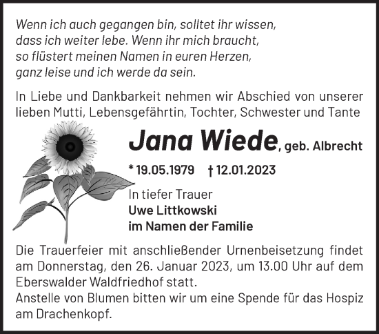 Traueranzeige von Jana Wiede von Märkische Oderzeitung