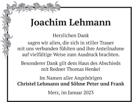 Traueranzeige von Joachim Lehmann von Märkische Oderzeitung