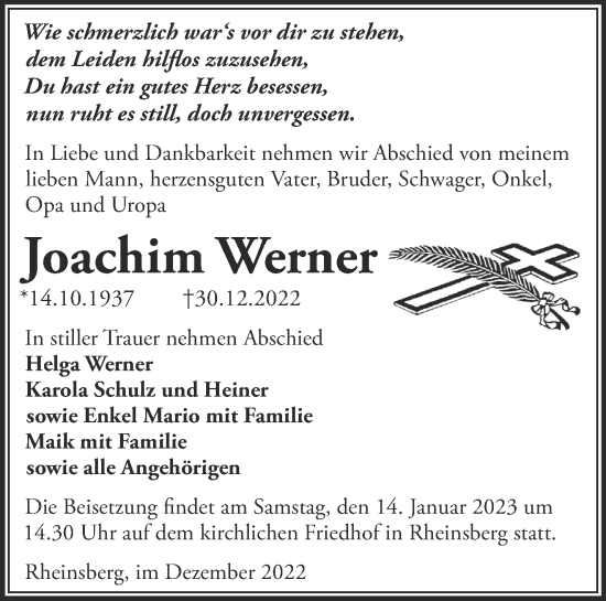 Traueranzeige von Joachim Werner von Märkische Oderzeitung