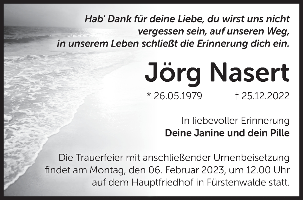  Traueranzeige für Jörg Nasert vom 29.01.2023 aus Märkische Oderzeitung
